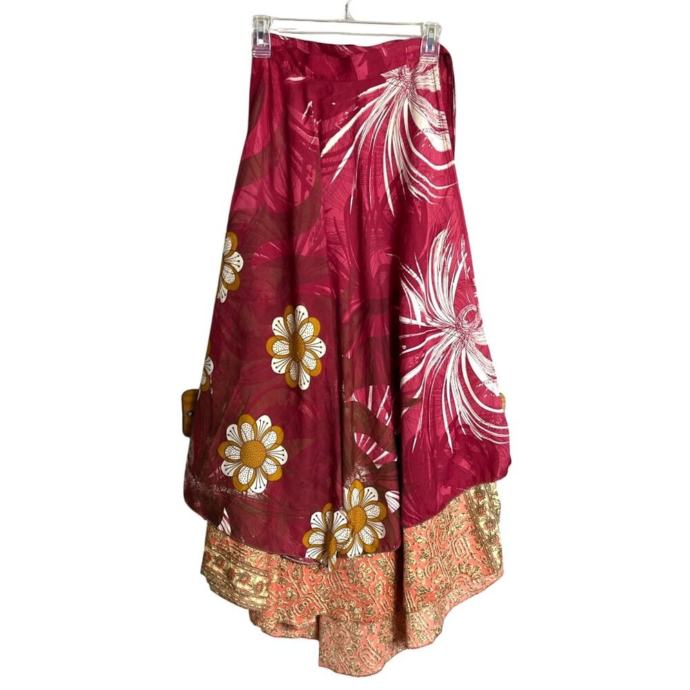 Wrap Sari Skirt Maxi Reversible Layers Red Chiffon Satin Boho Gypsy Womens 1 Sz